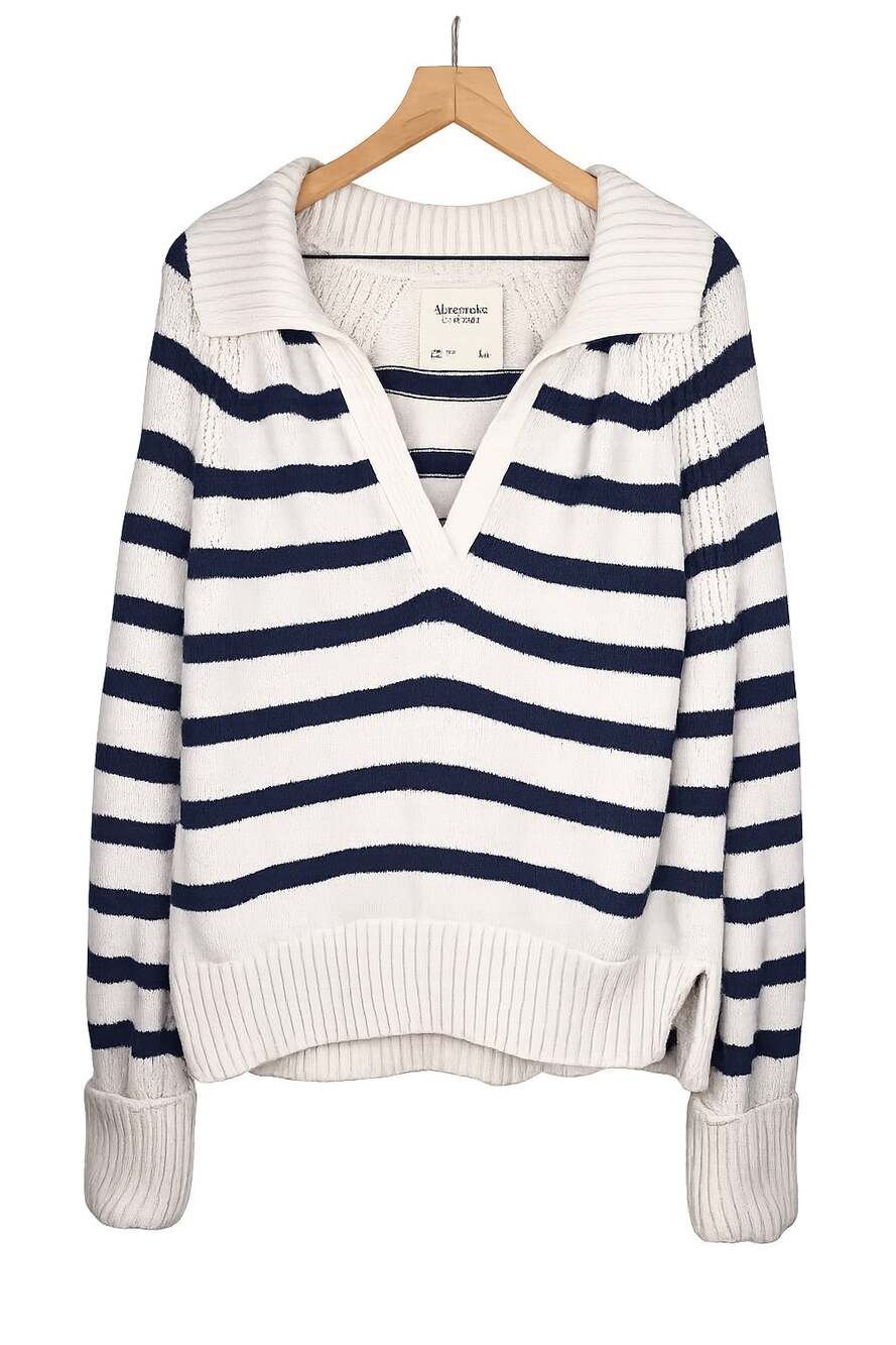 Abercrombie & Fitch Striped Shawl Collar V-Neck Sweater Blue White Size L